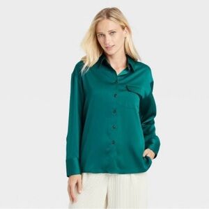 Who What Wear Teal Satin Button-Up Blouse Size Medium
